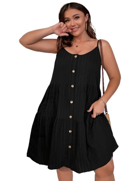 

plus ruffle hem single breasted cami dress 890y#, Black