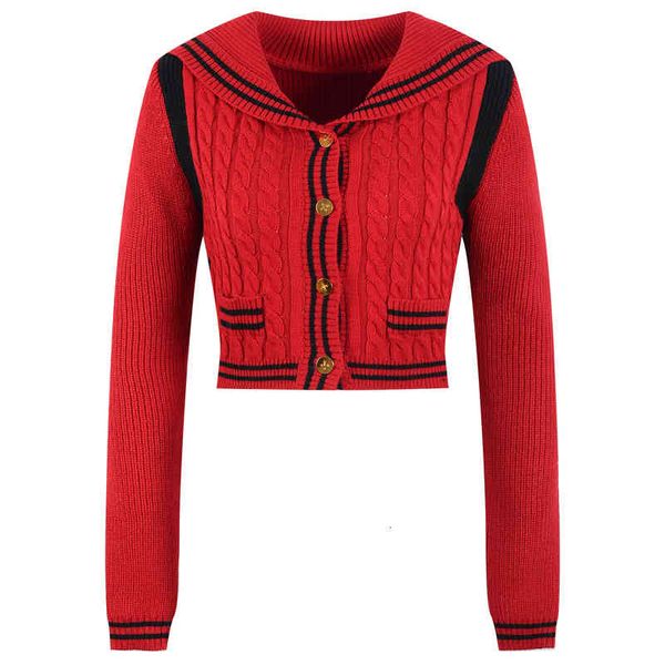 

women's knits tees jacquard navy collar single breasted slim fitting color matching knitted sweater women's cardigan short fall wi, White
