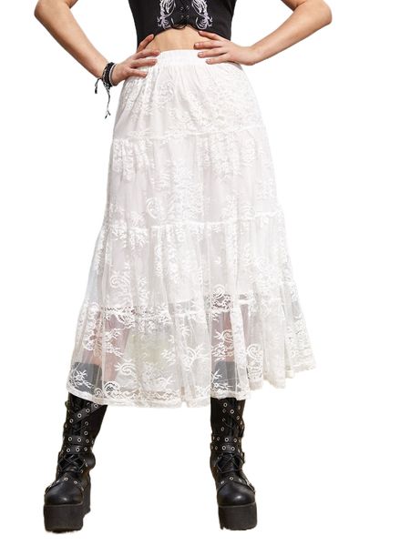 

romwe gothic grunge lace floral flare skirt t2eh#, Black