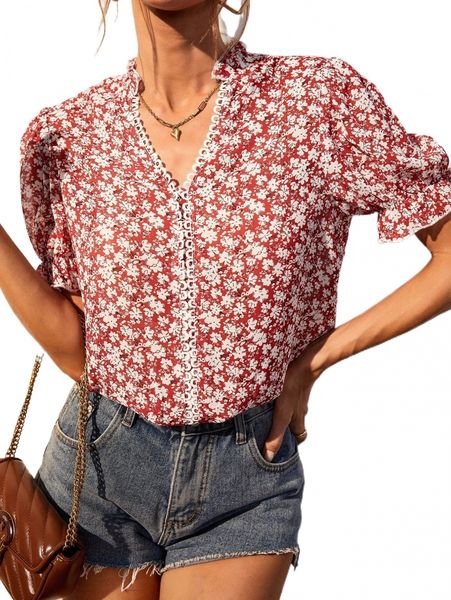 

floral print flounce sleeve blouse s258#, White