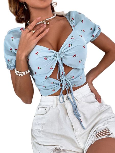 

cherry print tie front cut out crop blouse 52dn#, White