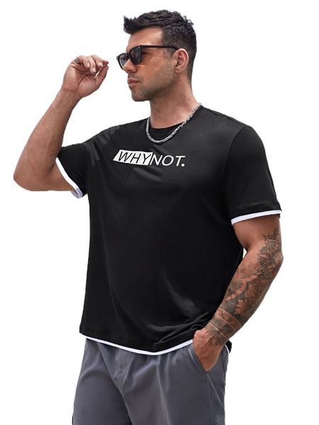 

extended sizes men slogan graphic contrast trim tee o6ax#, White;black