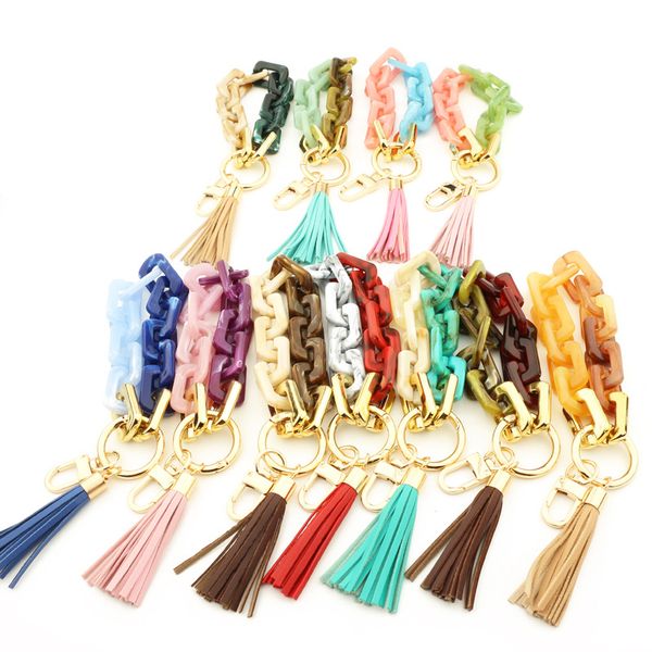 2022 Moda jóias acrílico cadeia chaveiro para chaves colorido borla keyring para mulheres homens pulseira pulseira keychain encantos