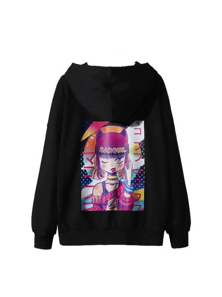 

x mako fufu cartoon & letter graphic drawstring hoodie t6fr#, Black