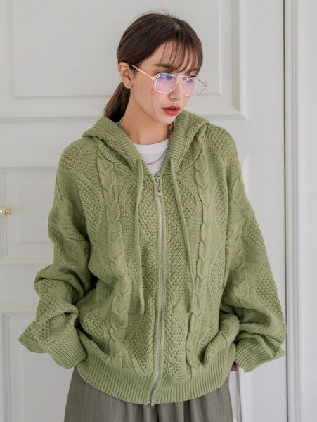 

dazy cable knit drawstring detail hooded cardigan p0oq#, White;black