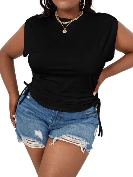

plus drawstring ruched side tank 73zi#, Black