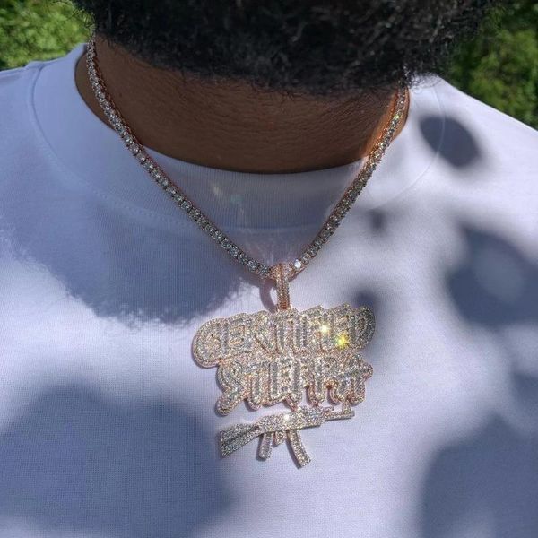 Correntes Iced Out Bling 5A Cubic Zirconia CZ Letter Big Machine Gun Pingente Colar Com Corrente De Corda Para Hiphop Masculino Menino Punk JóiasCorrentes