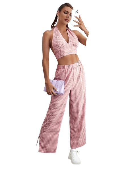 

plaid tie backless halter & slit hem pants t44u#, White