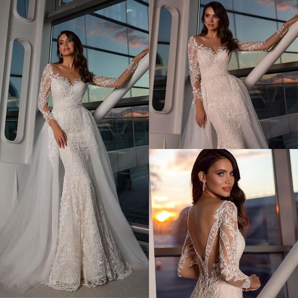 

strapless appliques lace mermaid wedding dress backless long sleeves v neck illusion custom made short train bridal dresses detachable train, White
