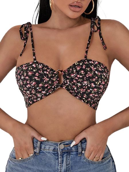 

ditsy floral ring front tie back cami crop b2ak#, White