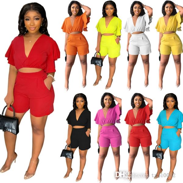 

2022 summer ruffle short v-neck shorts tracksuits for women short outfits designer street trendy two piece sets, Gray