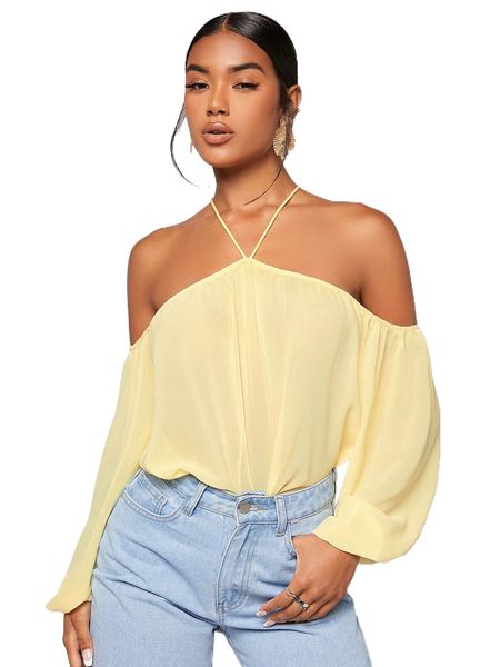 

solid cold shoulder blouse u7sk#, White