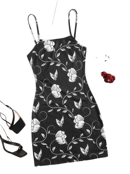 

floral print cami dress 89yt#, Black;gray