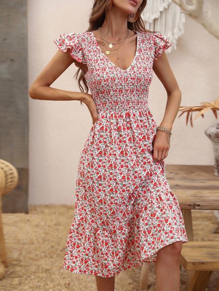 

ditsy floral print shirred ruffle trim dress 73es#, Black;gray