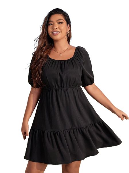 

plus puff sleeve cut out back ruffle hem dress v5cw#, Black