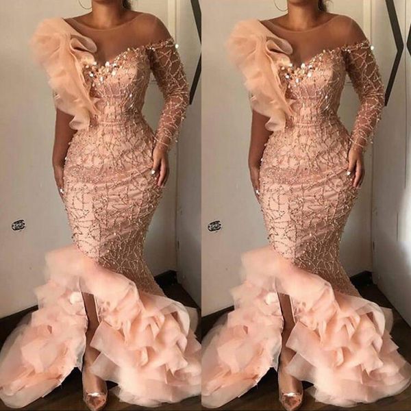 

elegant sparkle mermaid evening dresses beaded sequined long sleeve party gown for women ruffles tulle prom robe, Black;red