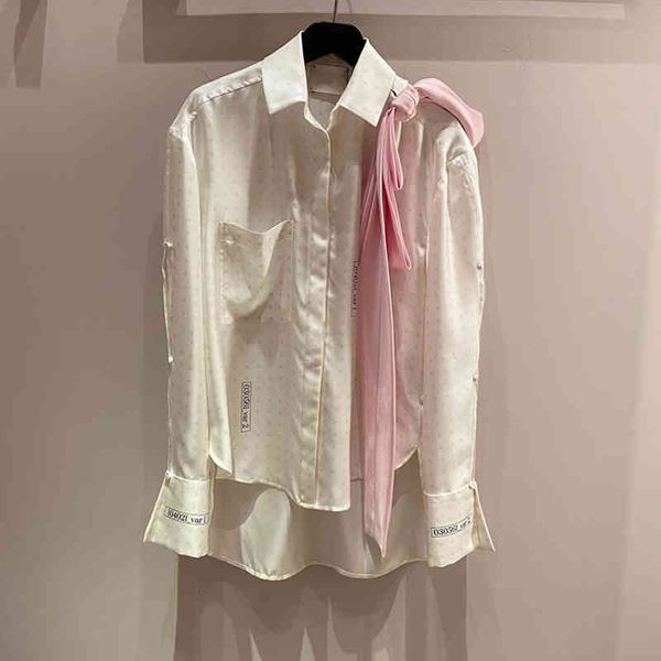 

women's polos minority spring and summer retro port style polo collar wave point long sleeve shirt foreign loose bow female, White