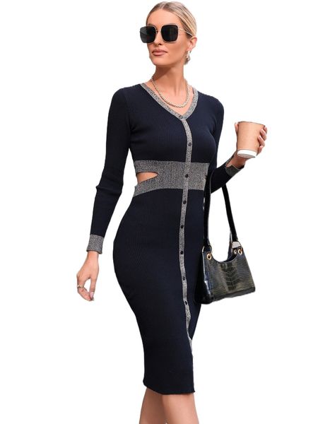 

cut out contrast panel sweater dress o83b#, White;black