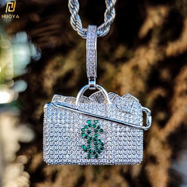 Colares pendentes chegadas de latão gelado com diamante completo de zircão de caráutio símbolo de bolsa de bolsa de dinheiro para colares de colar