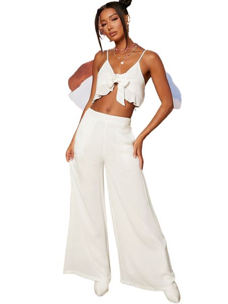 

knot front ruffle hem cami & wide leg pants set o5up#, White