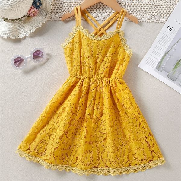 

little girl's back cross lace suspender dress she, Red;yellow