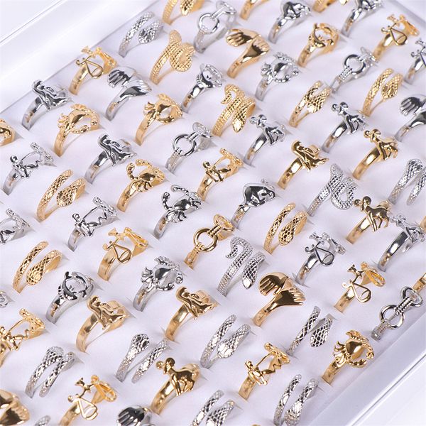 

wholesale 20pcs/lot punk stainless steel ring snake sheep dolphin gold silver color mix style adjustable open jewelry for women men party gi, Golden;silver