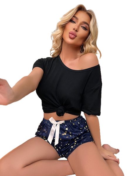 

solid & star print knot waist shorts pj set s7i7#, Black;red