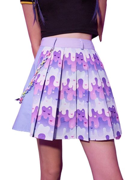 

romwe x spookish delight anime cartoon graphic pleated skirt p8io#, Black