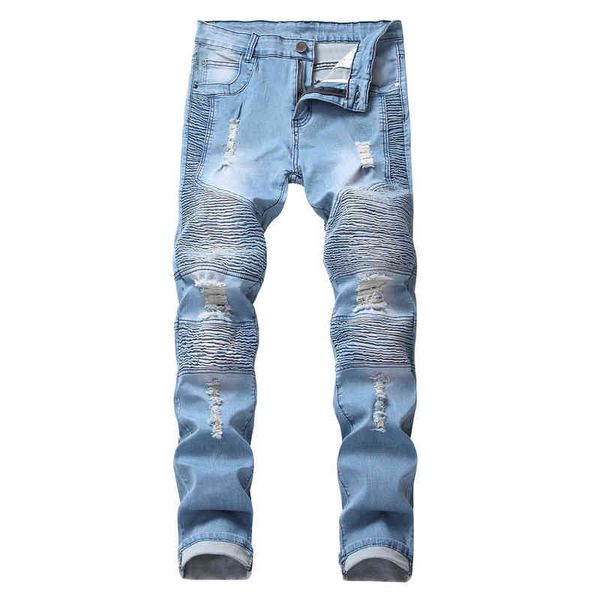 

fashion slim men jeans high street stretch jean homme washed ripped mens denim trousers light blue male denim biker jeans x220714