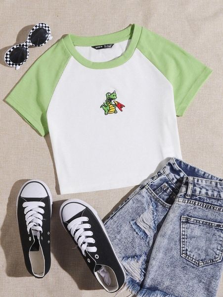 

dinosaur embroidery colorblock tee q167#, White