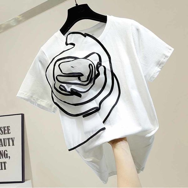 

new three-dimensional large flowers decoration short sleeve t-shirt female 2022 summer fashion floral t shirt ladies 0613, White