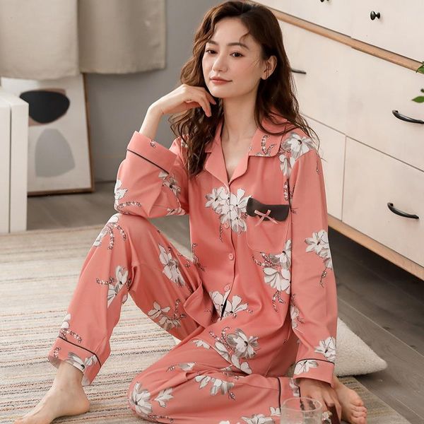 

spring 100 cotton women pajamas set floral ladies sleepwear long sleeve turn-down collar -3xl pyjamas femme, Black;red