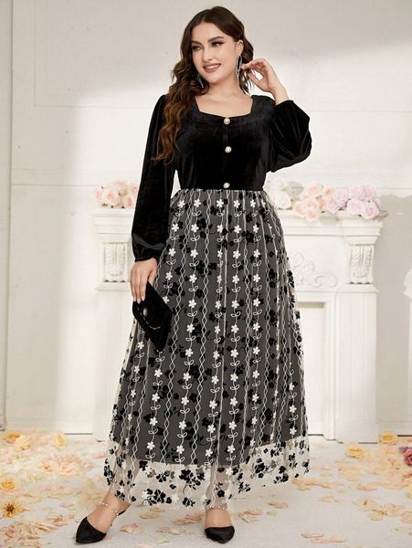 

plus sweetheart neck lantern sleeve floral embroidery mesh dress j7kx#, Black