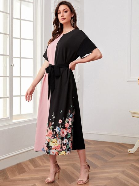 

colorblock floral print belted dress 939n#, Black;gray