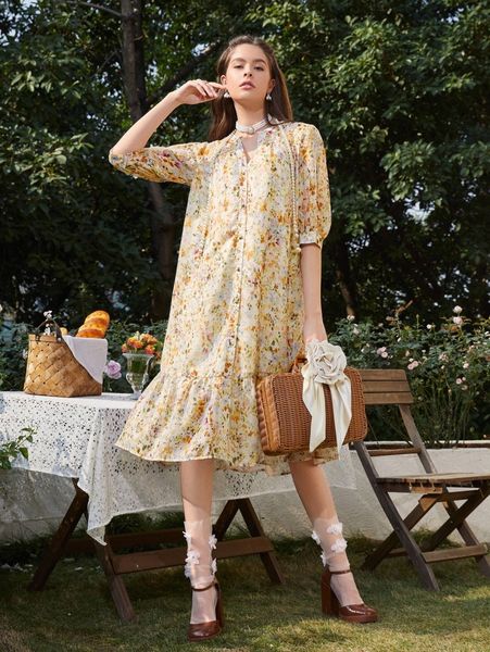 

floral print notch neck puff sleeve smock dress k9yf#, Black;gray