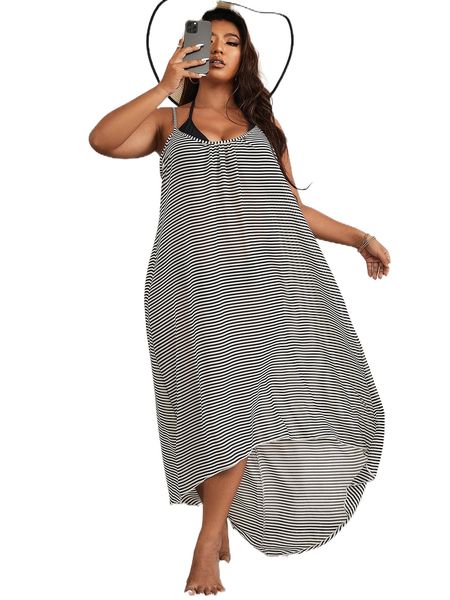 

plus striped high low hem cover up without bikini e2mq#, Black