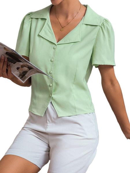 

lapel neck button front puff sleeve shirt i6tn#, White