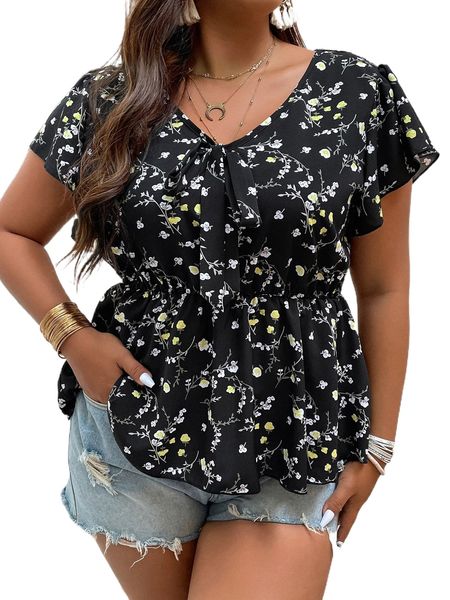 

plus ditsy floral tie front peplum blouse d5yk#, Black