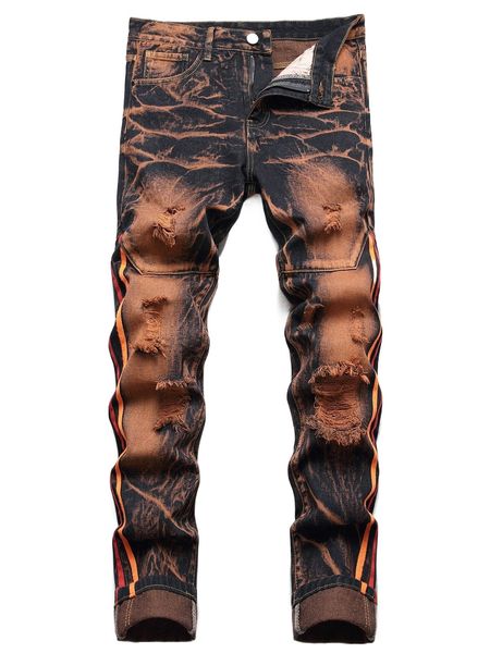 

men ripped contrast tape jeans j36b#, Blue