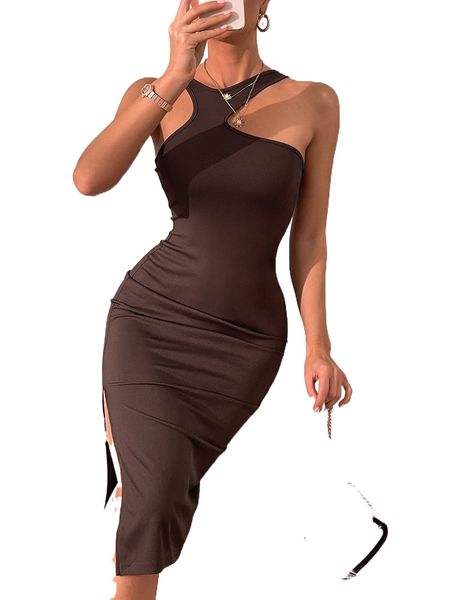 

asymmetrical neck slit thigh bodycon dress c4cv#, Black;gray
