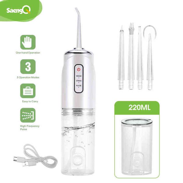 Irrigador oral recarregável portátil Saengq, tanque de água com spray dental, dentes de limpeza, equipamento de perfuração inteligente, USB, 220ml, 220511