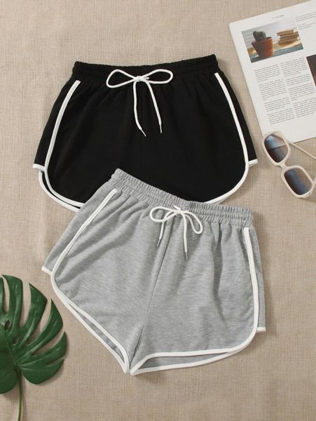 

2pcs drawstring waist contrast binding track shorts f9vt#, White;black
