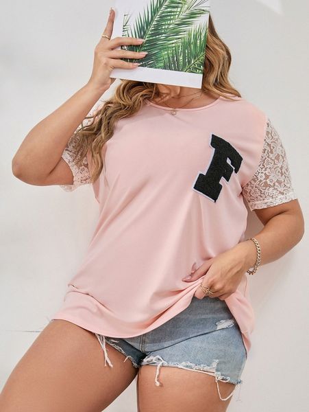 

plus letter patched contrast lace tee l0sw#, Black