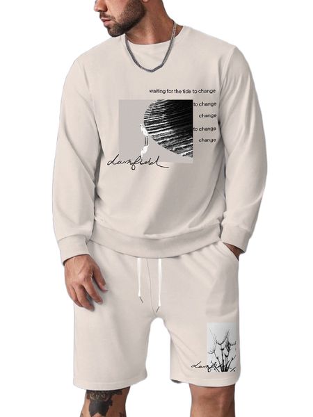 

men slogan graphic sweatshirt & shorts o5w8#, Gray