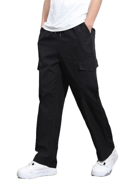 

men drawstring waist cargo pants 49sq#, Black