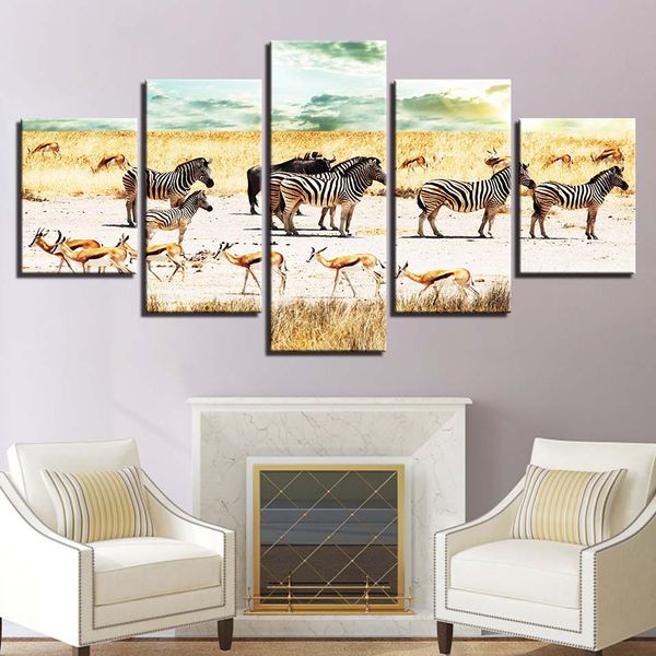 Pictures de sala de estar de lona moderna pintura obra de parede 5 painéis escaldantes abrasando zebra zebra goa hd poster modular impresso