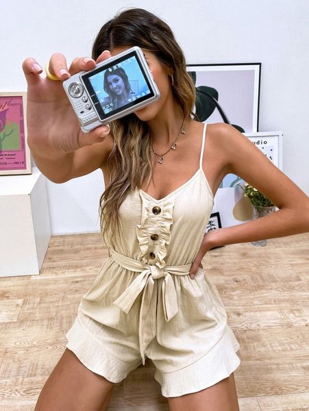 

ruffle hem fake button belted cami romper j9ty#, Black;white