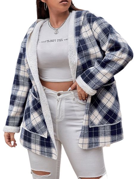 

plus plaid dual pocket hooded teddy liner overcoat r9gp#, Black