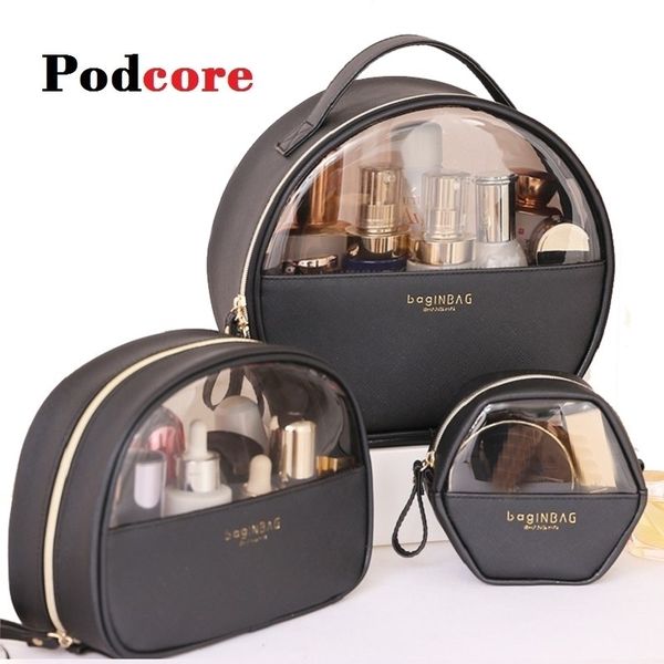 

fashion cosmetic bag pu leather transparent cosmetic bags women beautician small 210305