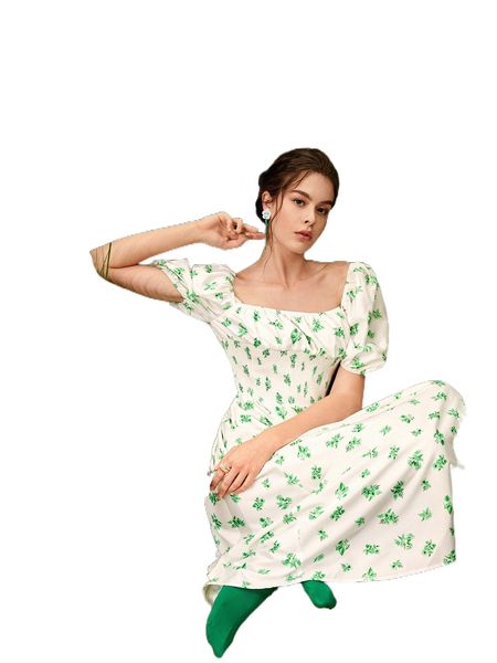 

allover floral print shirred panel puff sleeve dress 56pb#, Black;gray